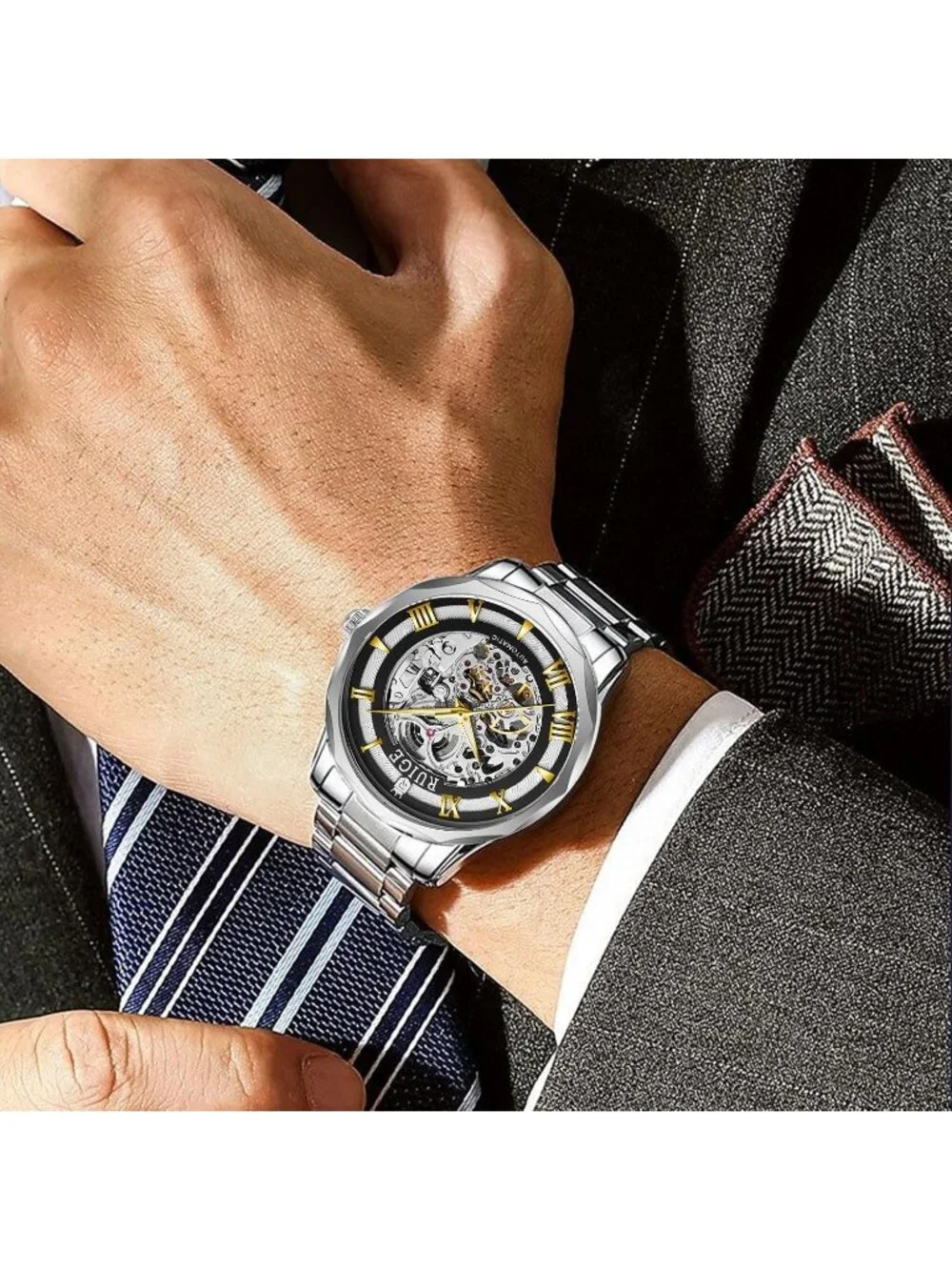 Men's Gold White Fully Automatic Stainless Steel Waterproof Fashion Trend Watch